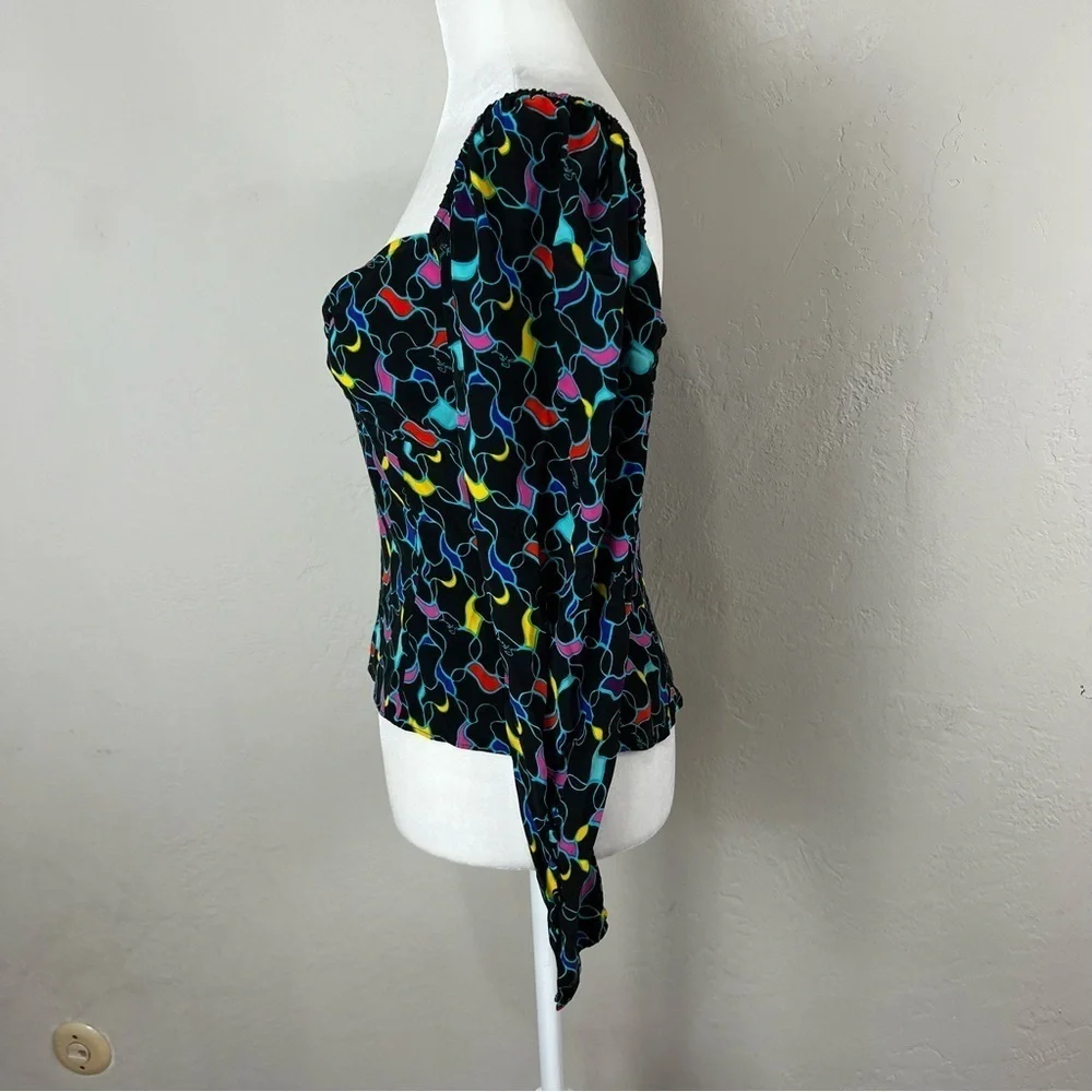 Staud Josephine Black Printed Multicolor Crepe Long Sleeve Sweetheart Top Size 2